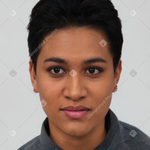 Joyful latino young-adult female with short  black hair and brown eyes