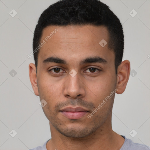 Neutral latino young-adult male with short  black hair and brown eyes