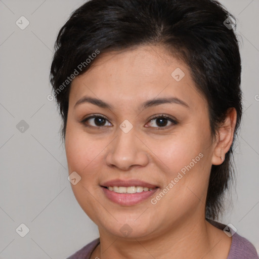 Joyful white young-adult female with medium  brown hair and brown eyes