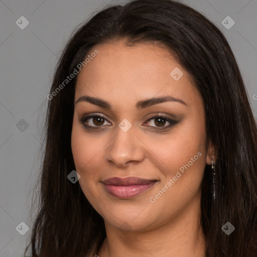 Joyful latino young-adult female with long  brown hair and brown eyes