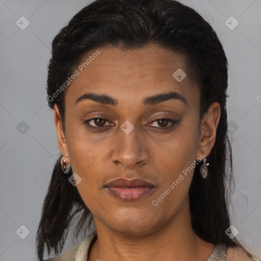 Joyful black young-adult female with medium  brown hair and brown eyes