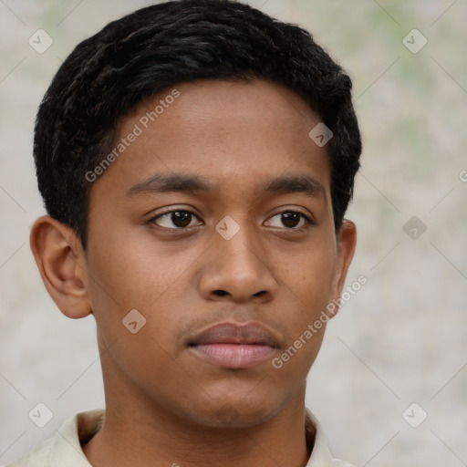 Neutral latino young-adult male with short  brown hair and brown eyes