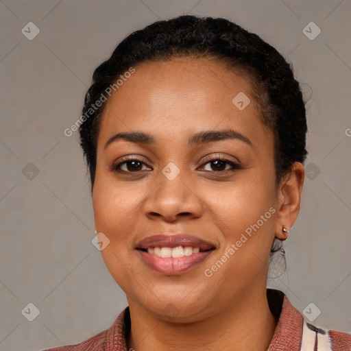 Joyful latino young-adult female with medium  black hair and brown eyes