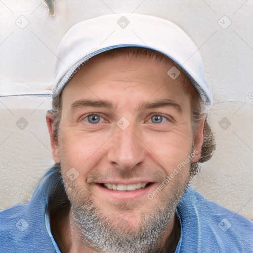 Joyful white adult male with short  brown hair and grey eyes