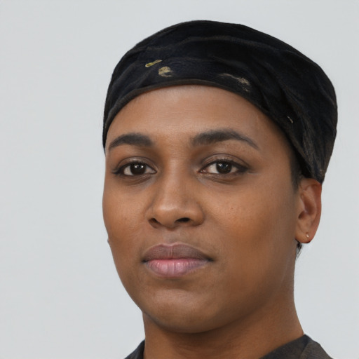 Neutral black young-adult female with short  black hair and brown eyes