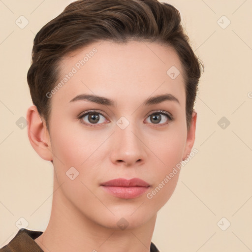 Neutral white young-adult female with short  brown hair and brown eyes