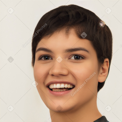 Joyful white young-adult female with short  black hair and brown eyes