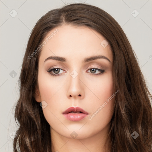 Neutral white young-adult female with long  brown hair and brown eyes