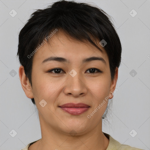 Joyful asian young-adult female with short  brown hair and brown eyes