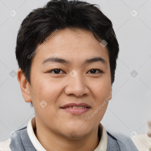 Joyful asian young-adult male with short  brown hair and brown eyes