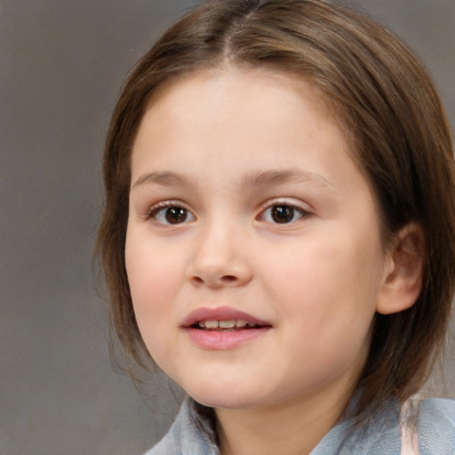 Joyful white child female with medium  brown hair and brown eyes