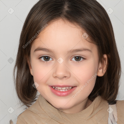 Joyful white child female with medium  brown hair and brown eyes