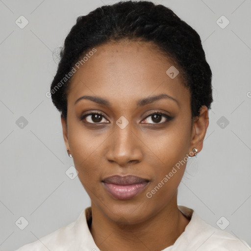 Neutral black young-adult female with short  black hair and brown eyes