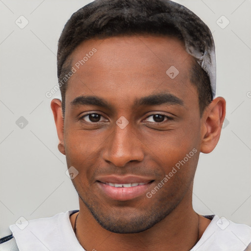 Joyful black young-adult male with short  brown hair and brown eyes