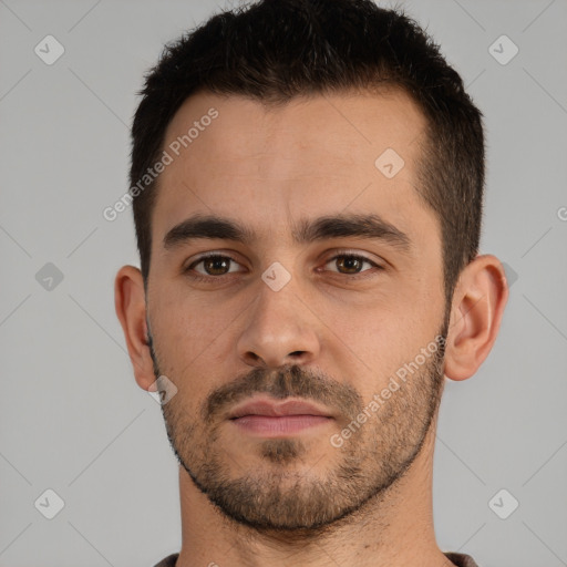 Neutral white young-adult male with short  brown hair and brown eyes