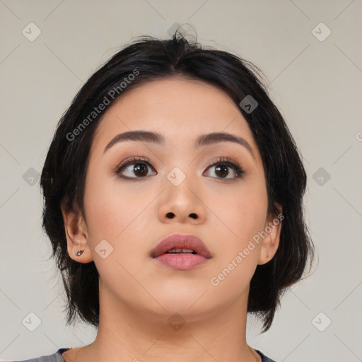 Neutral asian young-adult female with medium  black hair and brown eyes