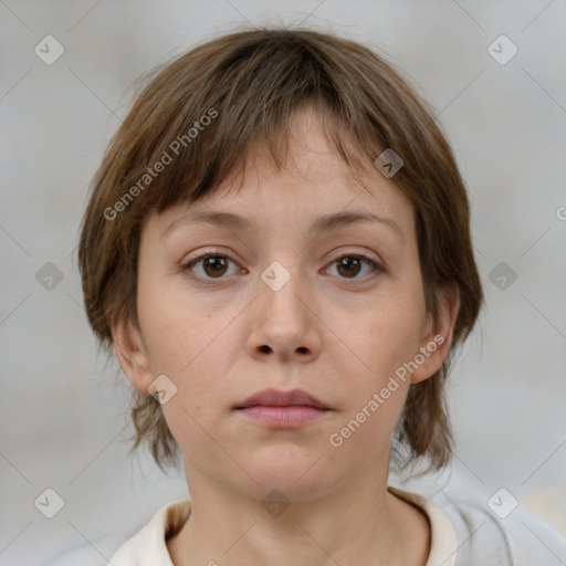 Neutral white young-adult female with medium  brown hair and brown eyes