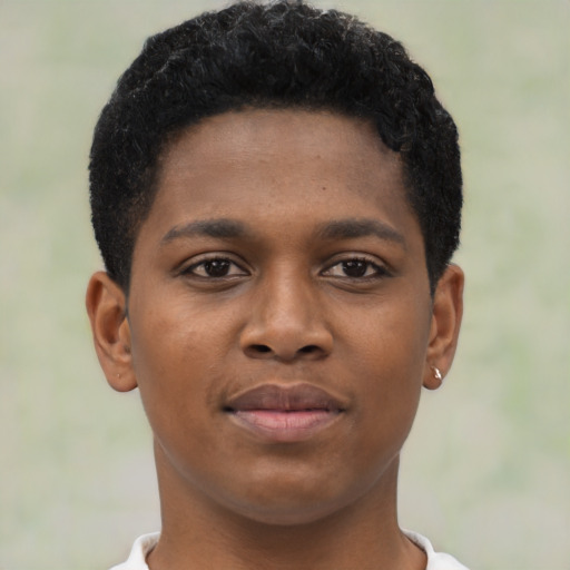 Neutral black young-adult female with short  brown hair and brown eyes