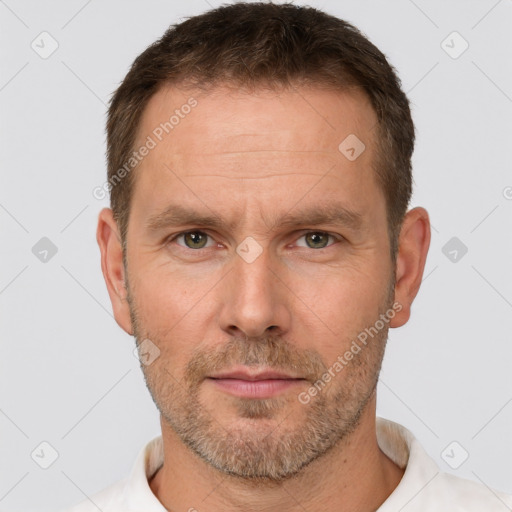 Neutral white adult male with short  brown hair and brown eyes