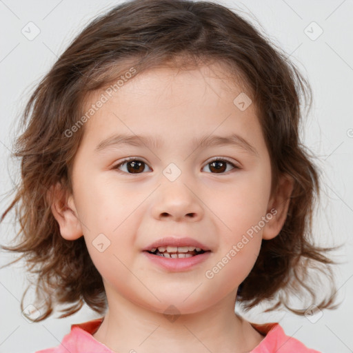 Joyful white child female with medium  brown hair and brown eyes