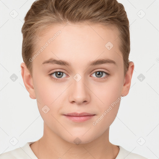 Joyful white young-adult female with short  brown hair and grey eyes