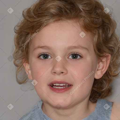 Joyful white child female with medium  brown hair and blue eyes