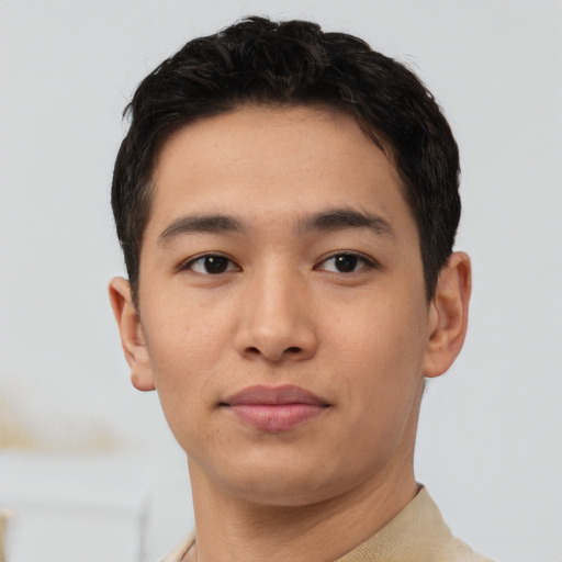 Neutral asian young-adult male with short  brown hair and brown eyes