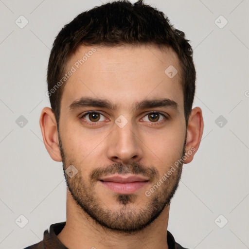 Neutral white young-adult male with short  brown hair and brown eyes