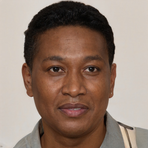 Neutral black adult male with short  brown hair and brown eyes