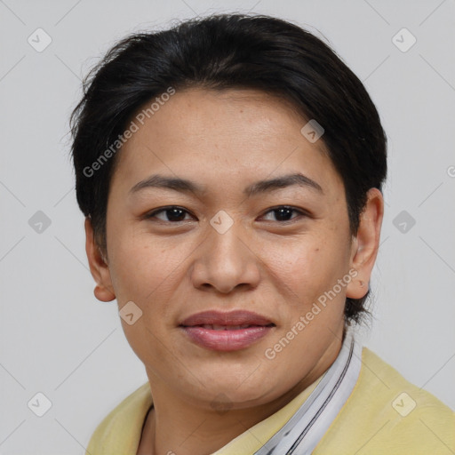 Joyful asian young-adult female with short  brown hair and brown eyes