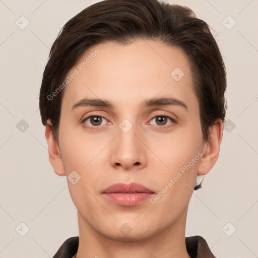 Neutral white young-adult male with short  brown hair and brown eyes