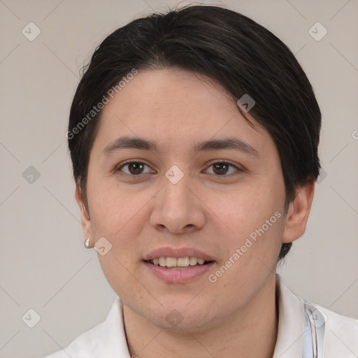 Joyful white young-adult female with short  brown hair and brown eyes