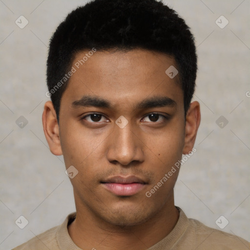 Neutral latino young-adult male with short  black hair and brown eyes