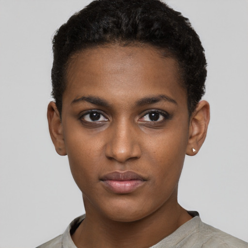 Neutral black young-adult female with short  black hair and brown eyes