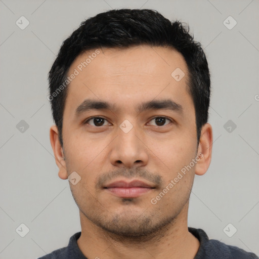 Neutral asian young-adult male with short  black hair and brown eyes