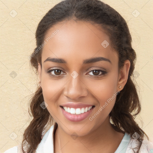 Joyful latino young-adult female with medium  brown hair and brown eyes