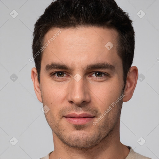 Neutral white young-adult male with short  brown hair and brown eyes