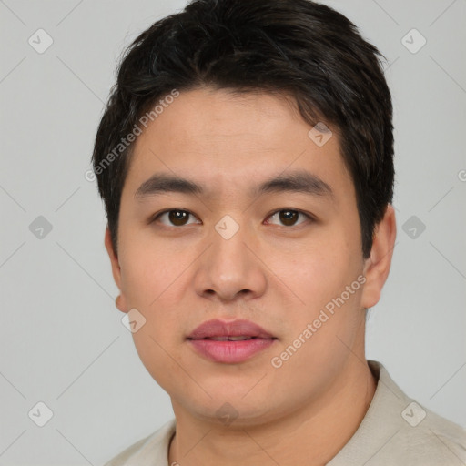 Neutral asian young-adult male with short  brown hair and brown eyes