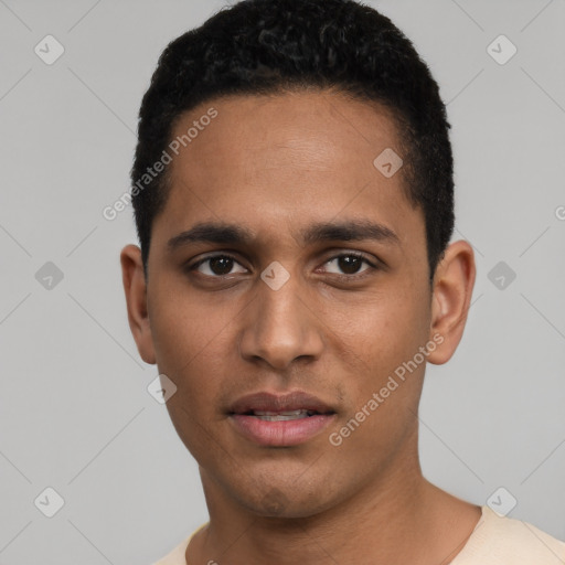 Neutral latino young-adult male with short  black hair and brown eyes