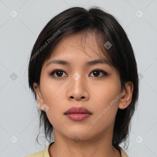 Neutral asian young-adult female with medium  brown hair and brown eyes