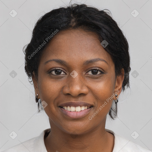 Joyful black young-adult female with medium  black hair and brown eyes