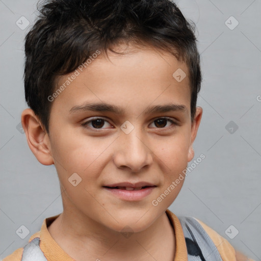 Joyful white child male with short  brown hair and brown eyes
