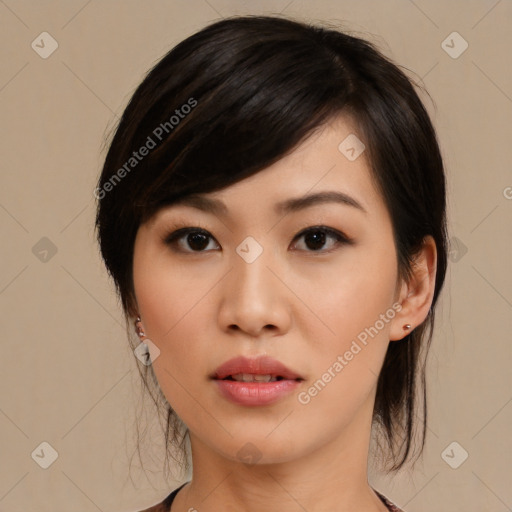 Neutral asian young-adult female with medium  black hair and brown eyes