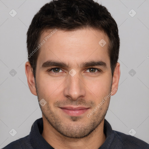 Neutral white young-adult male with short  brown hair and brown eyes