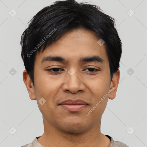 Joyful asian young-adult male with short  black hair and brown eyes