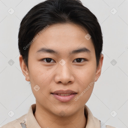 Joyful asian young-adult female with short  brown hair and brown eyes