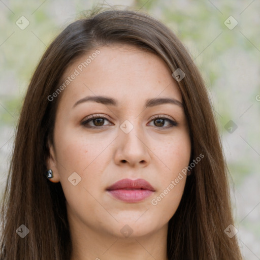 Neutral white young-adult female with long  brown hair and brown eyes