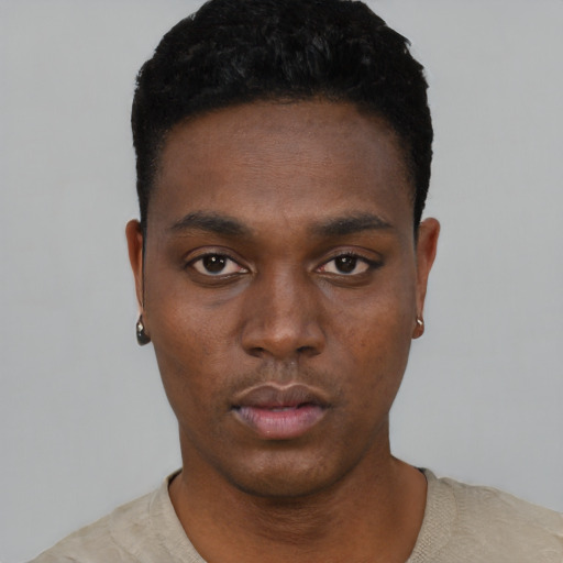 Neutral black young-adult male with short  black hair and brown eyes