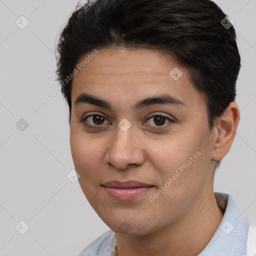 Joyful white young-adult female with short  brown hair and brown eyes
