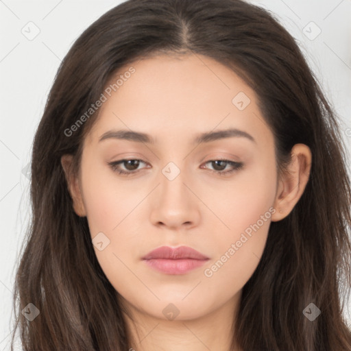 Neutral white young-adult female with long  brown hair and brown eyes